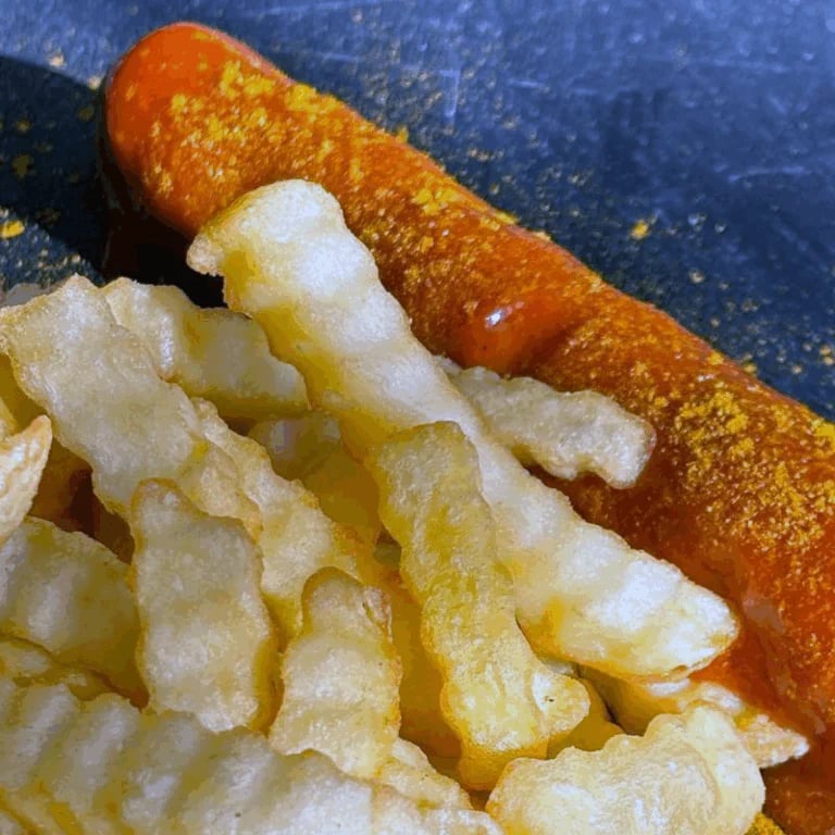 Close-up of a golden sausage with crispy fries on a blue surface