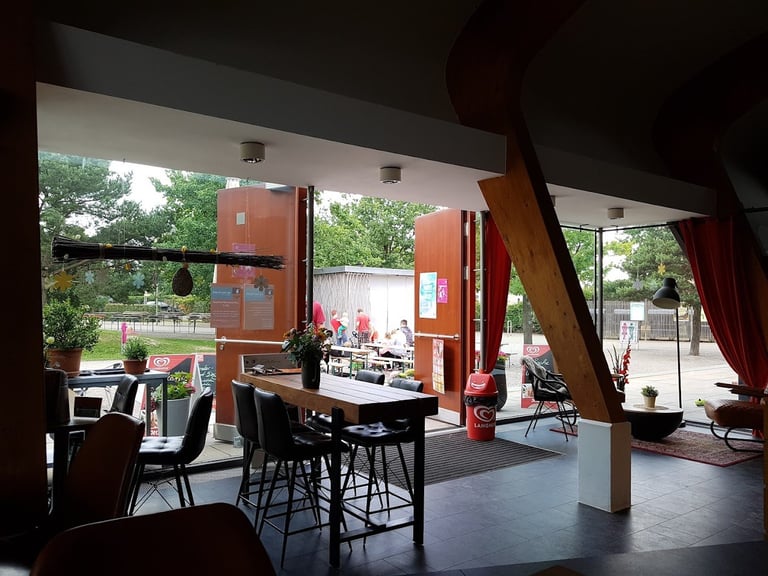 Modern interior space with high ceilings, large windows overlooking gardens, black bar seating, red curtains, and wooden ceiling beams