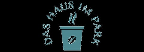 Logo für Das Haus im Park featuring a steaming coffee cup with stylized text curved around it