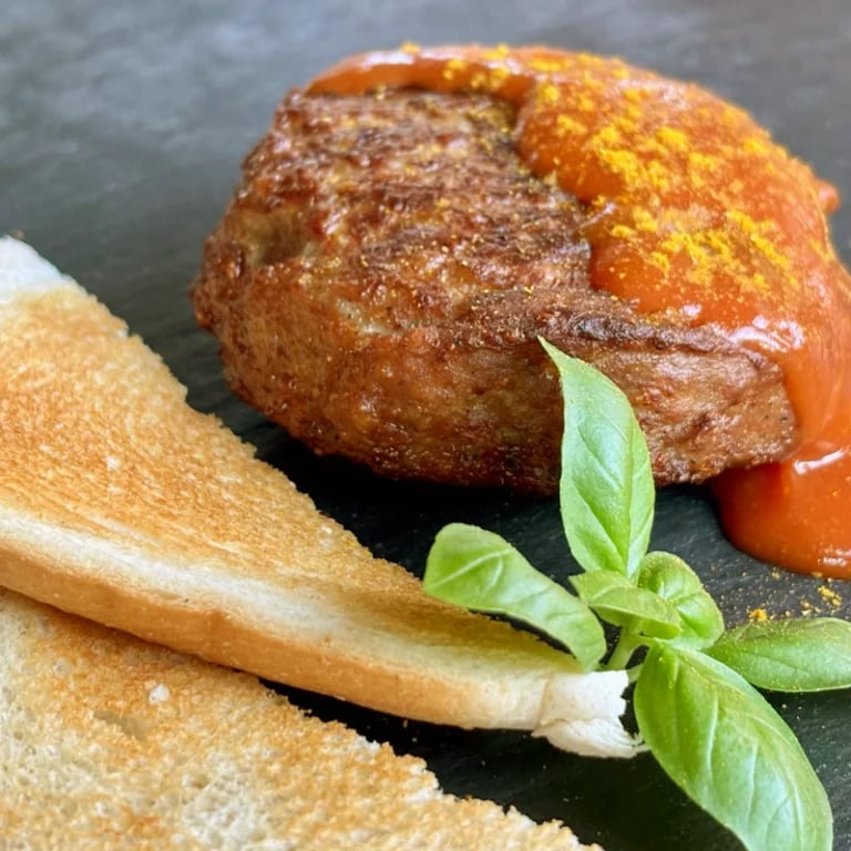 Fried donut coated with cinnamon sugar, served with breadstick and fresh basil on dark plate
